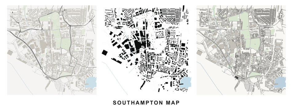 Figureground diagram of southampton city center showing urban fabric, street networks, and green spaces