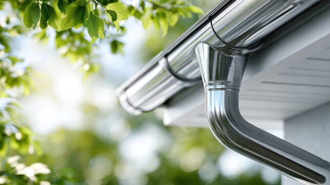 Shiny metal rain gutter system on house roof with green leaves