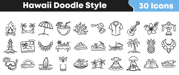 Set of thirty hand drawn doodle style Hawaii travel icons © Vectoravec