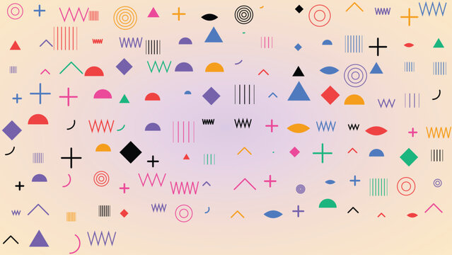 Abstract geometric pattern with colorful shapes, memphis style design, seamless background with triangles, circles, lines and crosses