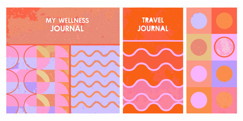 Obraz premium Colorful vector illustration of journal covers with geometric shapes and wavy lines red and pink