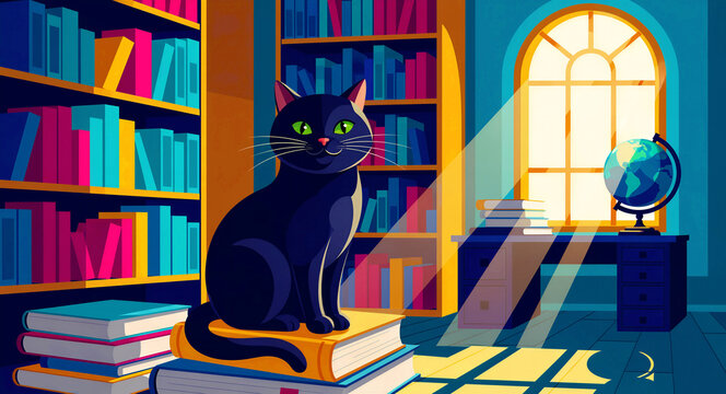 Black cat sitting on a stack of books in a sunlit library. Vibrant vector illustration featuring bookshelves, a globe, and golden light rays. Literary and education theme for marketing.