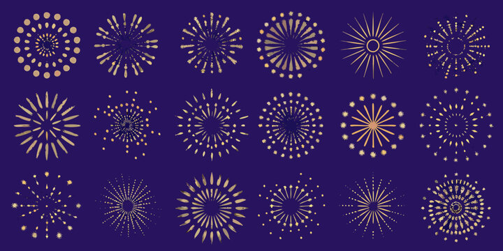 Grid of twenty one golden firework burst designs on a deep purple background vector illustration
