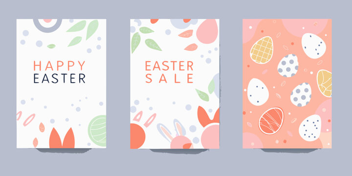 Set of three easter posters featuring floral ornaments eggs and rabbits in a vector style