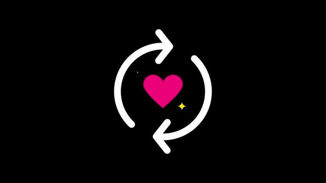 A dark animated icon showing a white rotating circular arrow with a glowing pink heart in the center symbolizing love or a relationship refresh