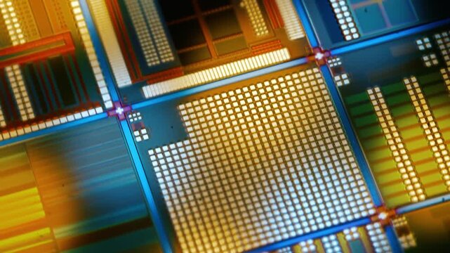 Macro view of silicon wafer intricate circuitry surface moving dynamically.