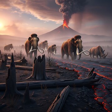 Mammoths flee volcanic eruption prehistoric landscape.
