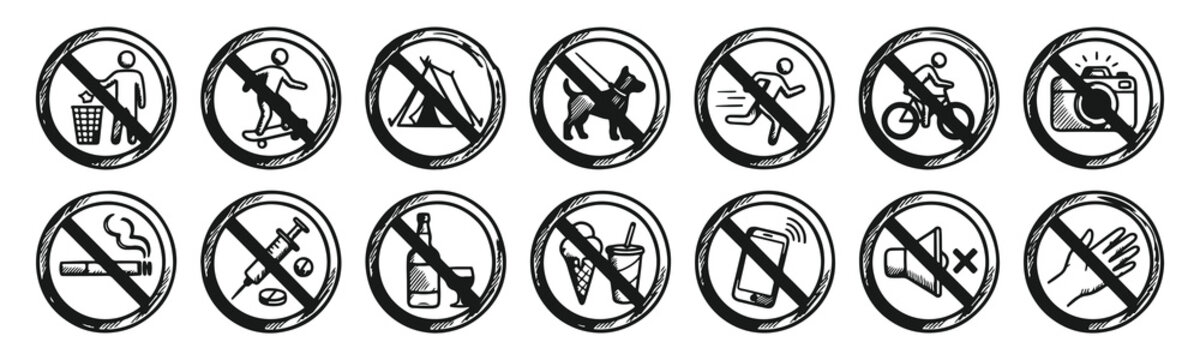  Hand-drawn prohibition sign icon set. Sketch style forbidden and restriction symbols including no smoking, no food, no camera, no phone, and no pets isolated on white background
