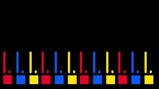 A vivid animated equalizer or bar chart visualization with multicolored vertical bars in blue red and yellow bouncing rhythmically on a black background