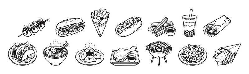 Hand-drawn street food and fast food icon set. Sketch illustrations of international snacks including tacos, ramen, hot dog, boba tea, churros, and dumplings isolated on white background © soesanto