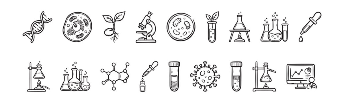 Hand-drawn science and laboratory icon set. Outline doodle illustrations of biology and chemistry equipment, microscope, DNA, molecule, and medical research elements isolated on a white background