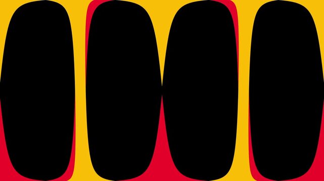A bold animated graphic featuring two large interlocking circular rings in gold and red with a central vertical red bar on a black background