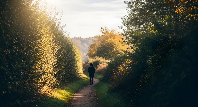 Lone figure walking down a sun drenched rural path amidst lush autumn foliage evoking solitude and peace
