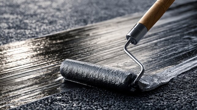 Applying liquid bituminous waterproofing or sealant to a flat surface with a paint roller