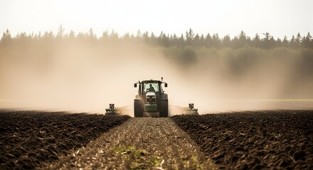 Fototapeta premium Tractor plowing a field on a dusty day with a plow attachment