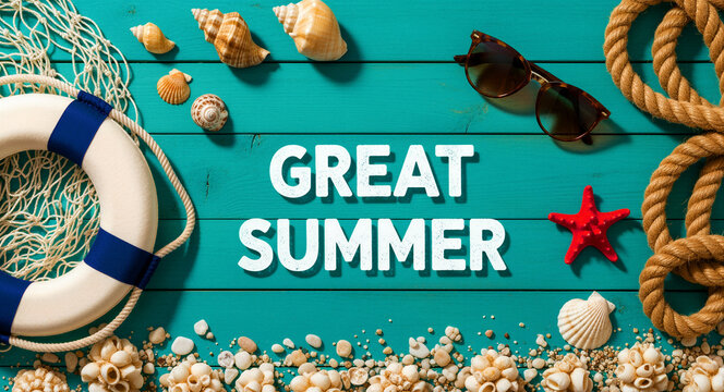 Beach accessories with Great Summer text on turquoise wood. Flat lay with lifebuoy, sunglasses, shells, and rope on blue planks. Summer vacation concept, ideal for travel and maritime marketing.