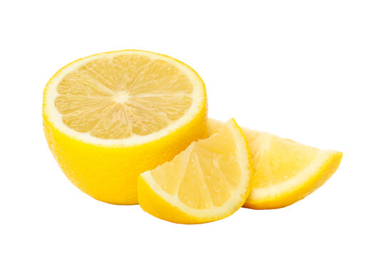 Half a lemon with wedges nearby for display, PNG