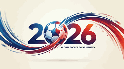 Fototapeta premium Bold 2026 soccer branding with integrated ball, dynamic red and blue streaks, symbolizing unity, energy, and international sports excitement.