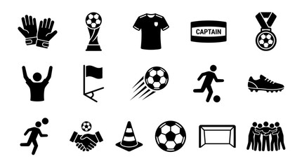 Obraz premium Soccer icons representing equipment, achievements, teamwork, and celebration, emphasizing symbolic silhouettes, passion, and dynamic elements of the sport.