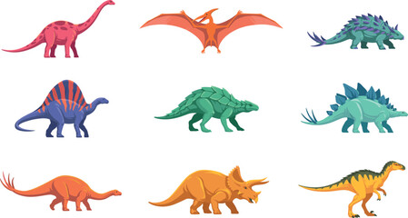 Cartoon Dinosaurs Prehistoric Reptiles And Extinct Creatures Collection Vector Illustration Set Isolated © Sufea