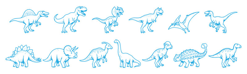 Prehistoric Dinosaur Blue Outline Hand Drawn Sketch Vector Icon Set featuring T-Rex Triceratops and Stegosaurus © soesanto