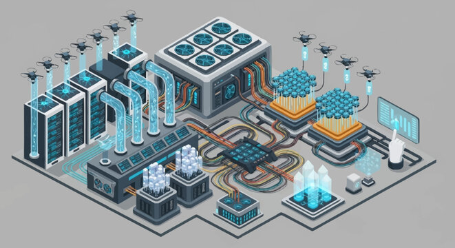 Futuristic isometric data center with servers, cooling systems, and glowing blue digital elements.