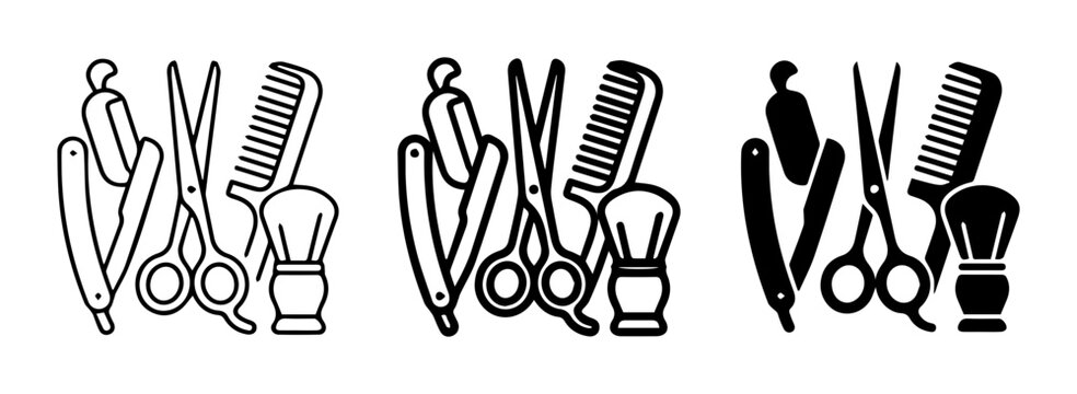 Barber Tools Set, Vintage Hairdressing Icons, Retro Grooming Essentials, Black and White Vector Graphics