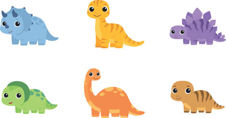 Cute Baby Dinosaurs Cartoon Prehistoric Reptiles Flat Vector Illustration Graphic Design Set © Sufea