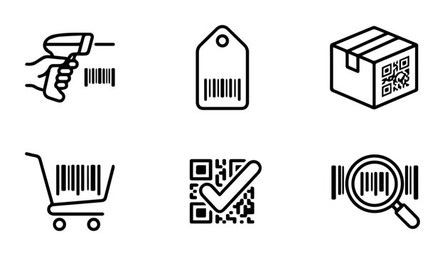 Barcode and QR Code Icons Set: Scanning, Shopping Cart, Tag, Box, Magnifier, Checkmark