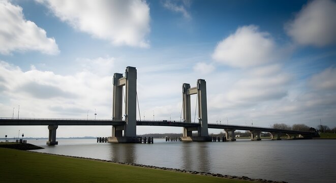 A bascule bridge spanning a body of water with a blue sky and white clouds