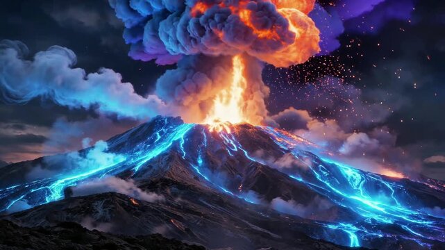 Explosive volcano eruption with glowing lava and blue smoke