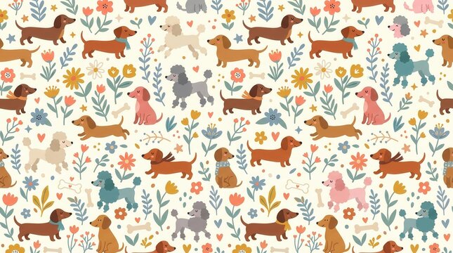 A cheerful repeating pattern shows various dachshunds, poodles, flowers, hearts, and bones