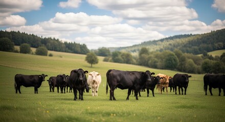 Fototapeta premium Aberdeen angus cattle grazing in lush green pasture on a sunny day rural landscape