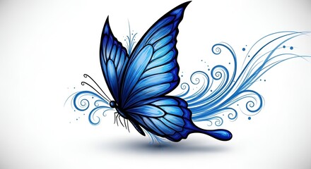 Fototapeta premium Elegant blue butterfly illustration with flourishes digital art for graphic design and nature concepts