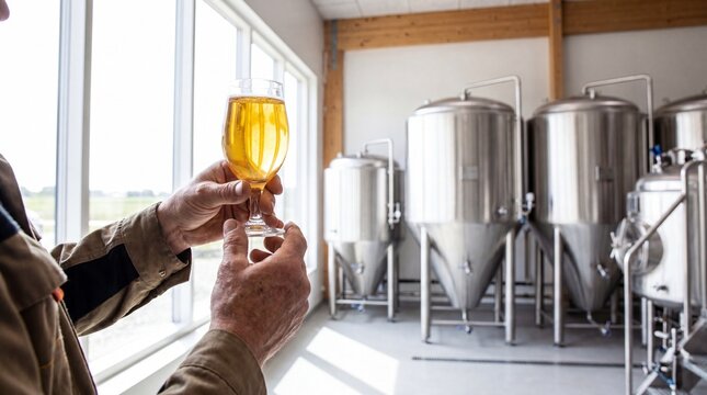 Brewer inspecting fresh glass of craft beer in modern brewery facility