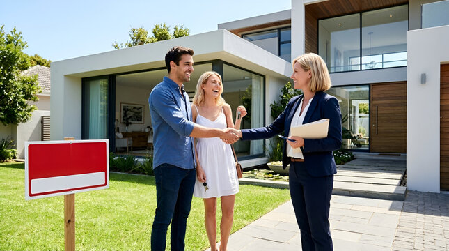 Happy young couple shaking hands with a female real estate agent in front of a modern luxury house, woman holding keys, red sale sign in yard, sunny outdoor transaction.
