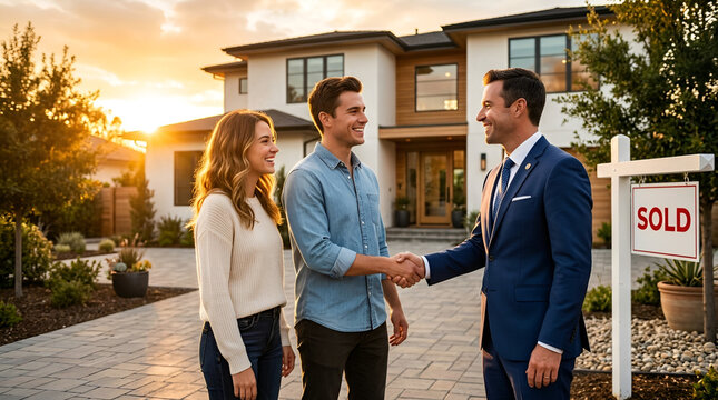 Smiling young couple shaking hands with a professional male real estate agent in a blue suit in front of a modern two-story luxury house at sunset with a sold sign in the foreground.