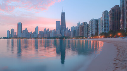 Obraz premium Chicago Skyline at Sunrise over Lake Michigan Beach