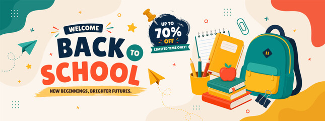 Naklejka premium Welcome Back to School Horizontal Banner with Backpack Books Notebook and School Supplies