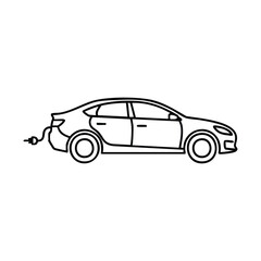 Fototapeta premium Line art drawing of an electric car with a charging cable plugged into its rear, depicting vehicle electrification.