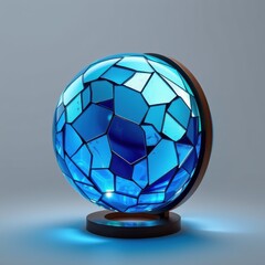 Naklejka premium Blue sphere composed mosaic pieces. Light reflects, creates glow around base. Modern design, studio lighting, clean background.