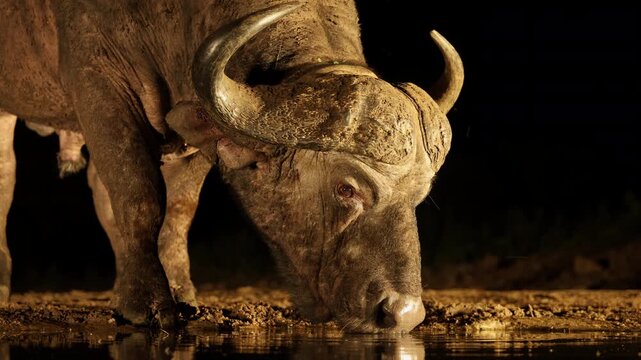 Portrait of an African buffalo bull (Syncerus caffer) drinking at a waterhole during the night, South Africa