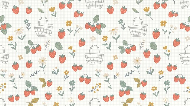 Cute gingham pattern featuring red strawberries, picnic baskets, and small colorful flowers