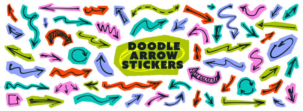Funky playful scrapbook doodle arrows collection. Colorful fun tear paper shapes with ink pen or marker drawn arrows. Hand drawn funky scribble arrow stickers clipart set. Scrapbook png shapes.