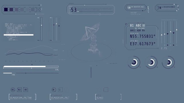 Screen with animated infographic elements and satellite dish antenna