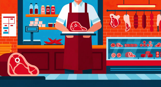 Butcher holding a tray of fresh raw meat in a local butcher shop illustration. Variety of beef cuts, sausages, and deli items displayed. Meat retail concept, ideal for food industry marketing.