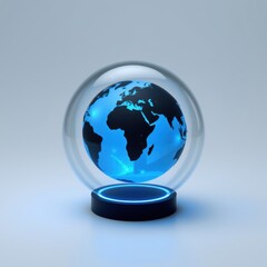 Fototapeta premium Glass dome protects Earth. Blue glow emanates from continents, oceans. Minimalist presentation, futuristic concept, clean design.