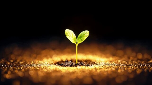 Seedling soil sprout leaf growth nature fresh beginning young plant emerging from dark earth with warm golden light and copy space