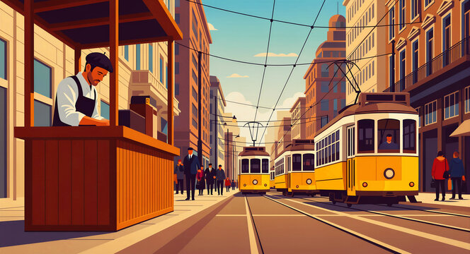 Street vendor at a stall next to yellow trams in a European city. People walk along a sunny street with historic architecture. Travel concept, ideal for urban lifestyle and tourism marketing.