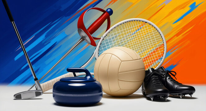 Diverse sports equipment like volleyball, curling stone, and tennis racket. Athletic gear including golf club and cleats in an abstract studio. Multi-sport concept for fitness branding and marketing.